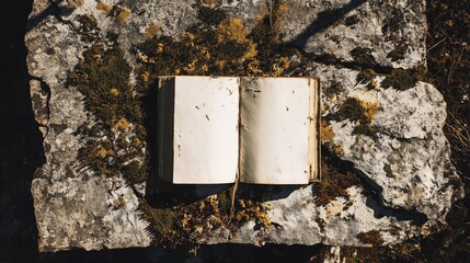 An open blank book perched on rocky ground, immersed in a lush setting of moss and tiny sprouting flora.
