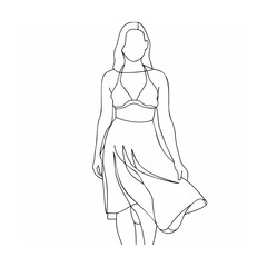Elegant line drawing illustration of a woman wearing a stylish summer dress and top