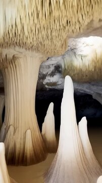 Abstract rock formations with speleothems and dark cave mouth create eerie mineralogy backdrop, textured mineral scene