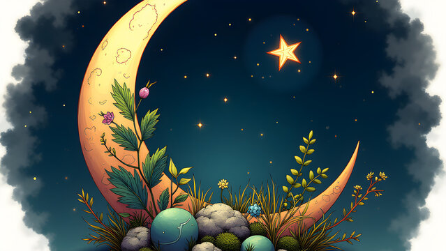 Celestial Terrarium Crescent Moon Enclosing Foliage, Stars, Geometric Composition, a NightSky Sanctuary.