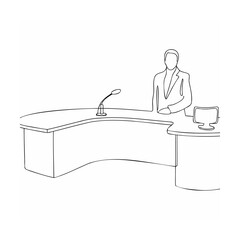 Line drawing of a person standing behind a desk with a microphone and computer monitor
