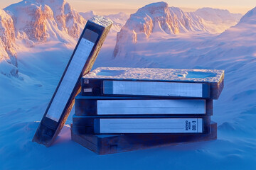 Stack of old VHS tapes partially covered in snow, lying on a snowy mountain landscape at sunset