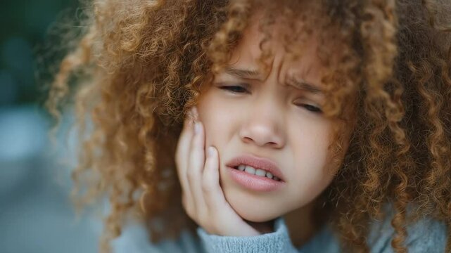 An emotional close-up of a small girl with puffed cheeks and red eyes, caught mid-tear, her fingers curled into her cheek as she endures tooth pain