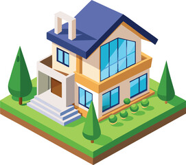 vector illustration of house, isometric view of a modern building, 3d rendering of modern cozy house with parking and pool, modern house