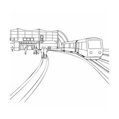 Black and white line art depicting a modern train station and rapid transit train