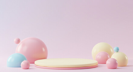 Yellow podium with abstract pink and blue shapes and spheres on a pastel gradient background. Fun stage offering a playful, creative display. Perfect for kids' products or summer themes.