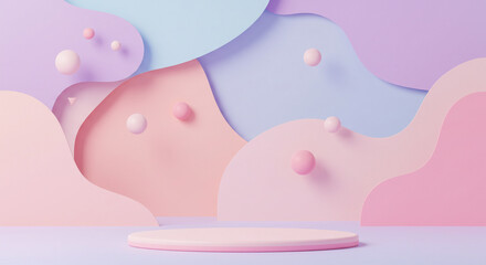Pink and purple podiums with spheres on an abstract wavy pastel background. Dynamic stage providing a playful, artistic presentation. Perfect for creative or cosmetic products.