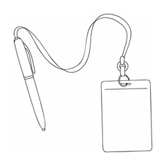 Simple outlined illustration of a pen and blank identification card on a lanyard for design