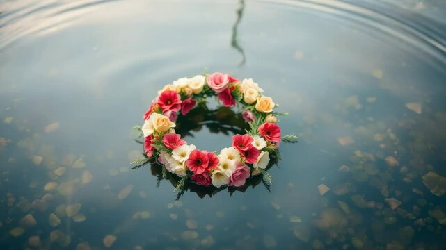 flower wreath floating on river at midsummer festival in sweden, summer solstice day, celtic tradition, june 20, water