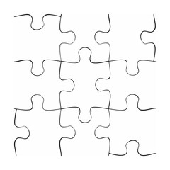 Outline of a puzzle with nine interlocking pieces ready for completion on white background