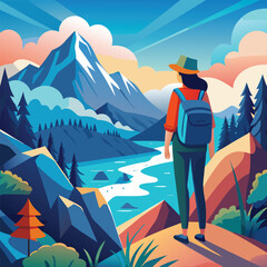 Fototapeta premium vector illustration of a mountain landscape, hiking in the mountains, mountain landscape with a woman, climbing mountains the traveler on the top