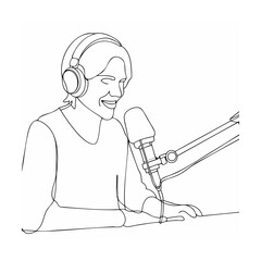 A continuous line drawing depicting a podcaster recording a podcast episode with headphones