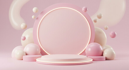 Pink podiums with spheres and a circular backdrop on a pastel pink background. Minimalist stage creating a clean and playful presentation. Perfect for beauty or delicate product showcases.