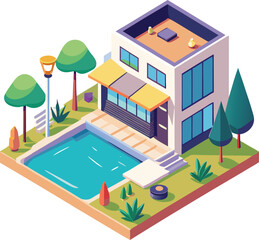 isometric view of a residential building, isometric view of a modern building, 3d rendering of modern cozy house with parking and pool, modern house