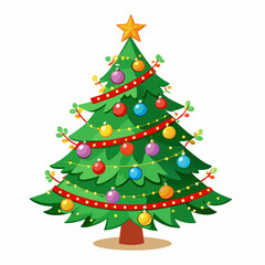 A festive vector illustration of a green Christmas tree with decorations, isolated on white, ready for holiday celebrations and the New Year
