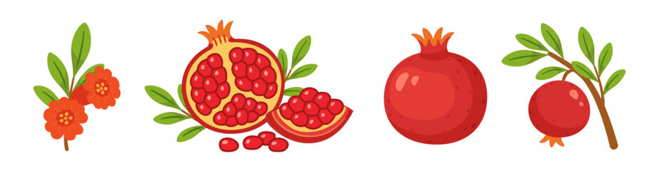 Pomegranate set, whole and half fruits with seeds, branches, green leaves, pomegranate flowers. flat style, isolated icons. For digital and print projects, packaging, greeting cards, botanical posters