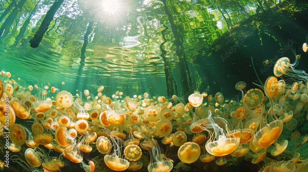 Poster a stunning underwater view displaying numerous jellyfish illuminated by sunlight filtering through w