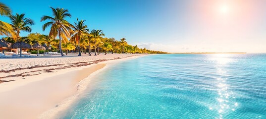 Fototapeta premium A vibrant tropical beach with palm trees and a clear blue ocean