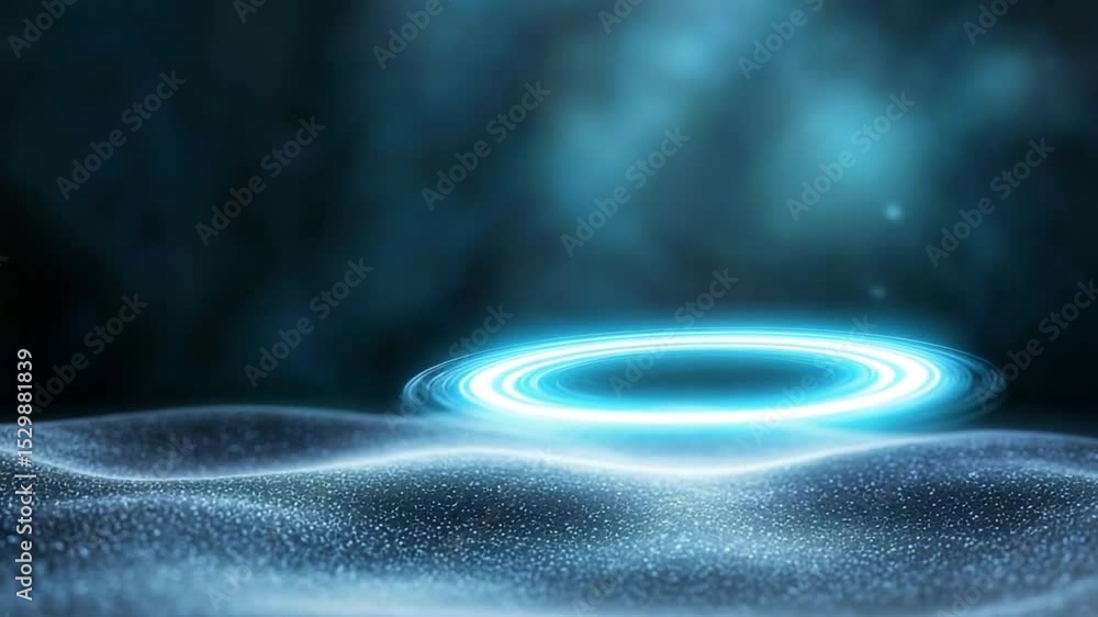 Poster Glowing Portal in Mysterious Realm: An ethereal, luminescent portal hovers above a textured, undulating surface, its light casting an otherworldly glow into the surrounding cosmos.