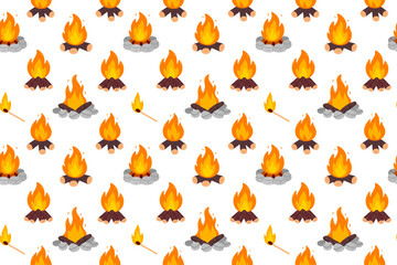 Seamless pattern of small campfires with burning logs and flames on white background, great for camping, outdoor, or survival-themed designs