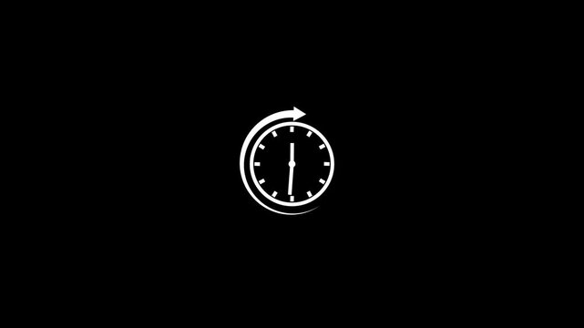 Minimalist Clock Icon with Time Reversal Arrow Animation,timer time passage waiting time animation (4K) , 24 hours with a circular arrow indicating time reversal on a black background