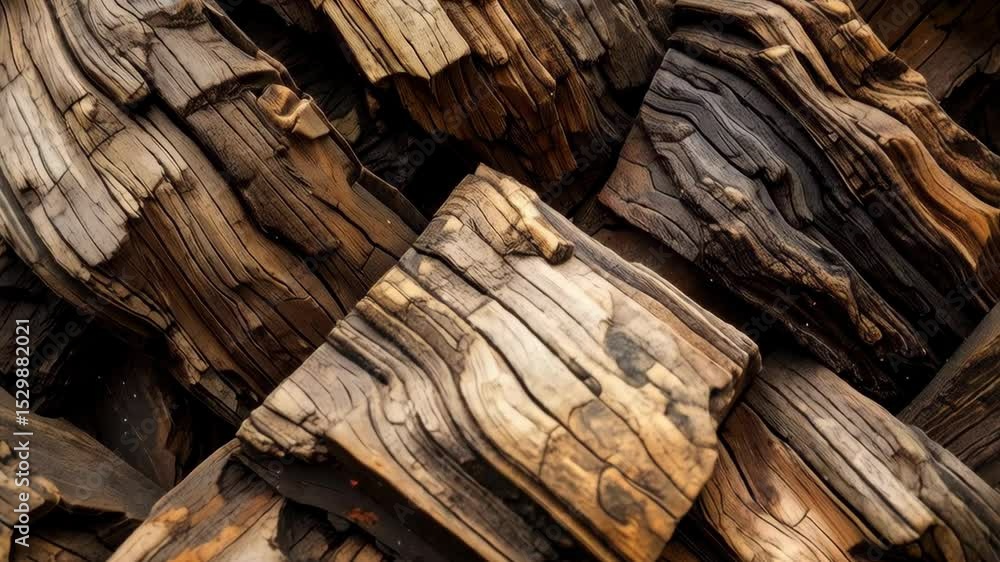 Poster close-up of stacked and interlocking weathered wooden beams creating a textured and rustic woven pat