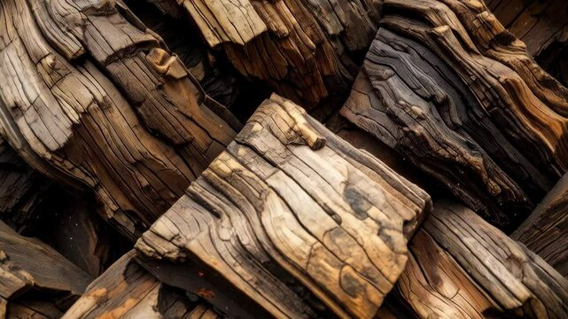 Close-up of stacked and interlocking weathered wooden beams creating a textured and rustic woven pattern with warm and dark wood tones.
