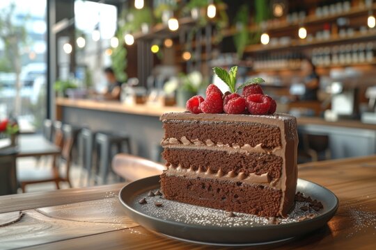 A mouthwatering slice of chocolate cake topped with luscious raspberries and mint, elegantly presented against a cozy café backdrop, inviting indulgence and celebration.