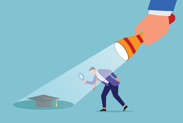 Vector illustration of a businessman searching for a crown using a magnifying glass and guided by a handheld flashlight, symbolizing ambition, leadership, and the pursuit of success
