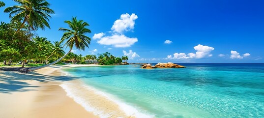 Fototapeta premium A vibrant tropical beach with white sand and turquoise waters