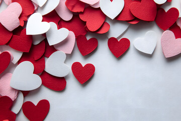 Valentines Day background with paper heart symbols on white. Flat lay, top view love concept.