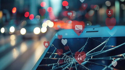 Cracked smartphone screen with distorted social media icons representing misinformation and digital deception, concept of fake news and online fraud in modern society.