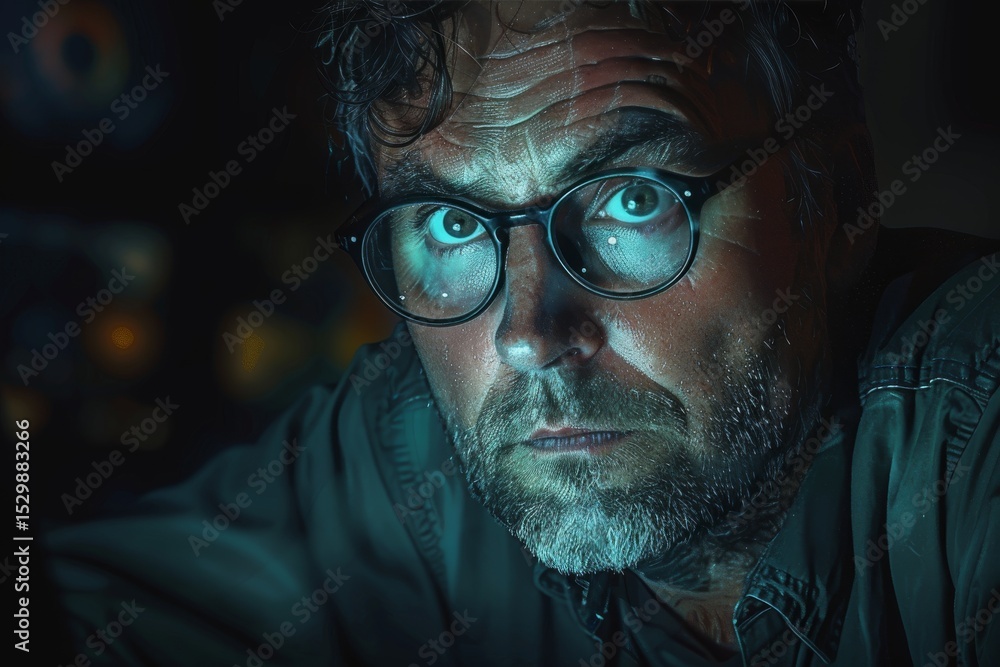Aufkleber a close-up image of a man with glasses, staring intensely into the camera, emphasizing a sense of my