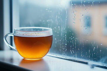 A cup of tea on a windowsill with raindrops on the glass, cozy rainy day indoor moment, soft focus background