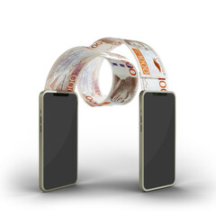 Transferring Swedish Krona notes from one mobile phone to another. Online money transfer concept. money coming out of mobile phone isolated on transparent background. 3d rendering