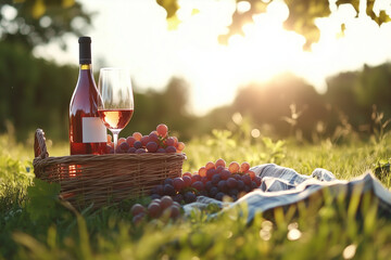Picnic on a grassy meadow with a basket, wine and fruit