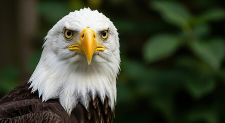 Obraz premium A close up shot of a bald eagle with a white head and yellow beak against a blurred green background