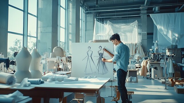 A young man in a modern studio is sketching a fashion design on a large whiteboard. The studio is filled with fabrics, dress forms, and sewing machines, illuminated by soft daylight streaming