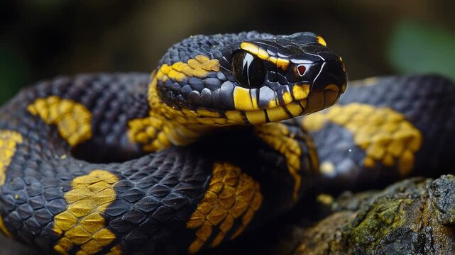 A close-up view of a snake coiled on a rocky surface.
