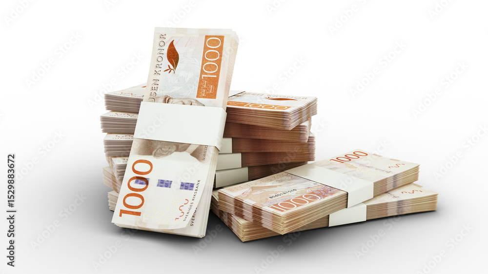 Poster 3d rendering of stack of 1000 swedish krona notes. bundles of sweden currency notes isolated on tran