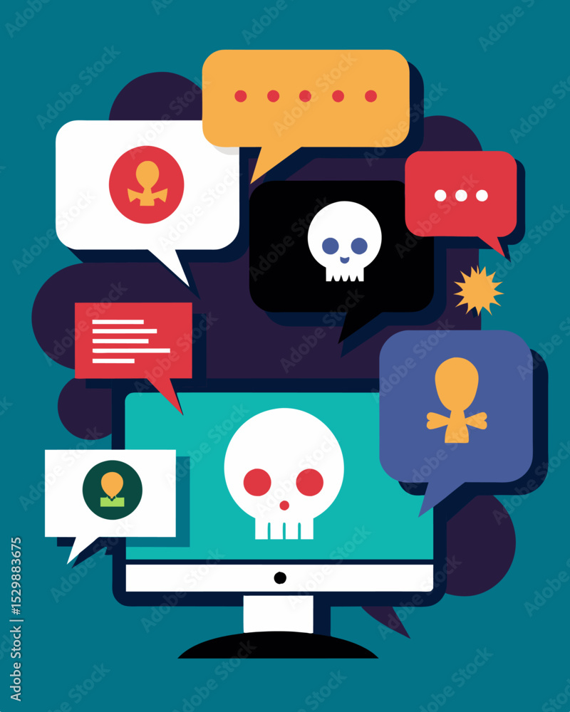 Poster an online forum discussion turning into a toxic environment with speech bubbles filled with insults 