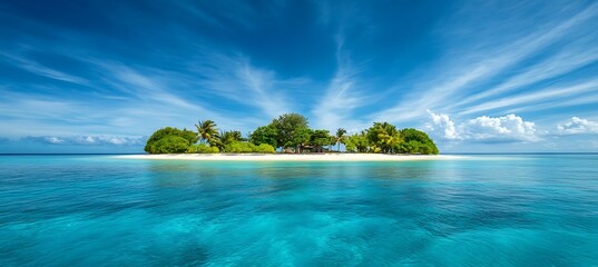 A vibrant tropical island surrounded by crystal-clear waters