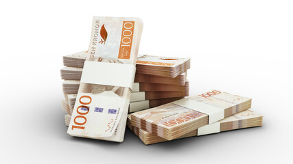 3d rendering of Stack of 1000 Swedish Krona notes. bundles of sweden currency notes isolated on transparent background