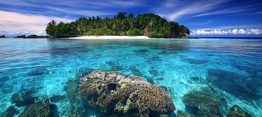 A vibrant tropical island surrounded by crystal-clear waters