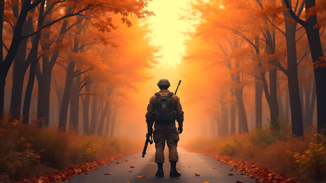 A soldier standing on a road in the fall