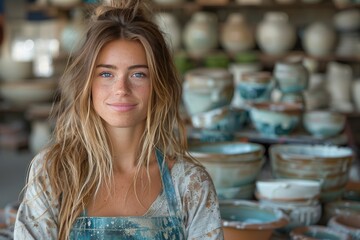 A young woman smiles confidently in a vibrant pottery studio surrounded by various handcrafted ceramic pieces, capturing creativity and passion for art.