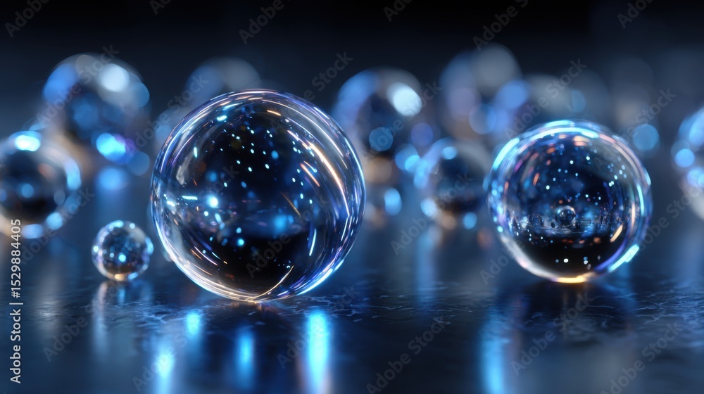 Poster bright, clear bubbles rest on a smooth dark surface, reflecting surrounding lights. their spherical 