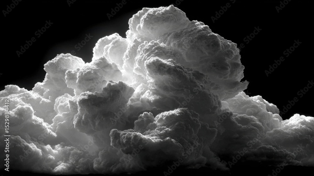 Poster thick white clouds gather together, appearing illuminated from within against a dark backdrop, creat