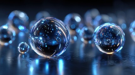 Bright, clear bubbles rest on a smooth dark surface, reflecting surrounding lights. Their spherical shapes create a captivating visual contrast with the background, emphasizing depth and clarity.