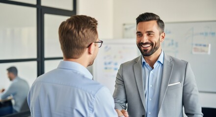 Two businessmen shaking hands in an office setting with a whiteboard and glass wall in the background